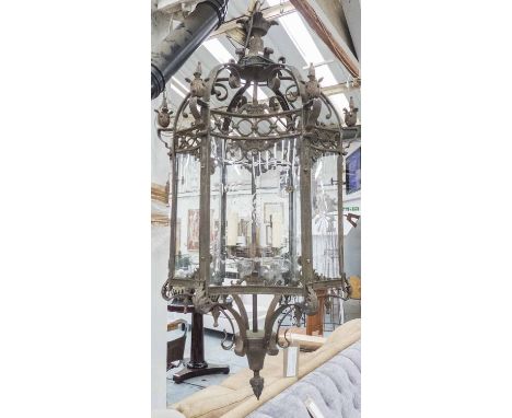 HANGING LANTERN, Louis XV style, bronzed finish, four branch with concave etched glass, 117cm H plus chain.