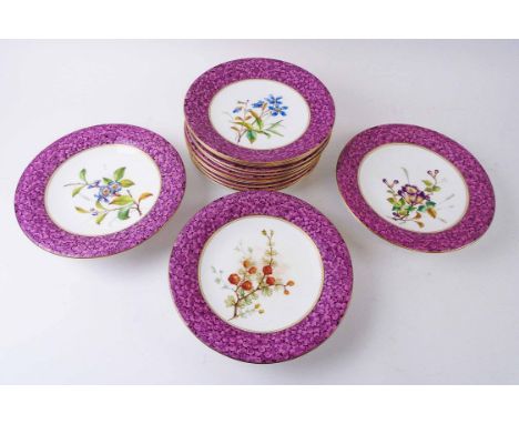 LATE VICTORIAN ROYAL WORCESTER DESSERT SERVICE, comprising eleven plates and three comports all with pink floral borders and 