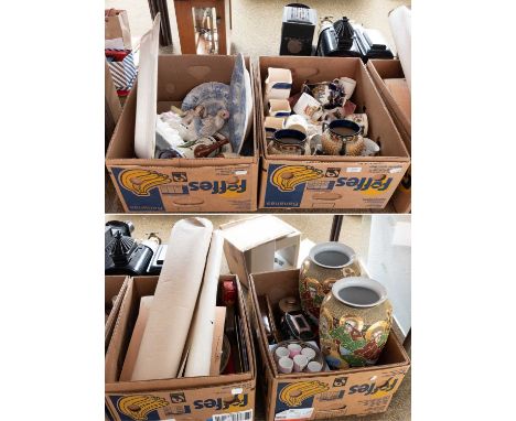Four Boxes of Mixed Ceramics and Various Collectables, including a pair of Royal Doulton stoneware planters, crested china, M