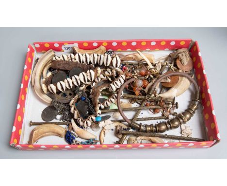 Ethnographica, including cowrie shell jewellery, beadwork, Bedouin brass necklace, carnelian bead necklace etc (one box)