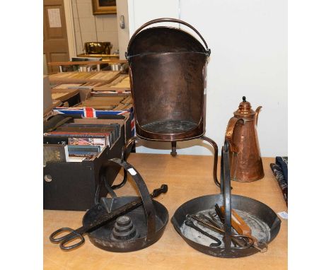 A Copper Dutch Oven, coffee pot, two skillets and other metal wareDutch overn 58cm/23" high (not including handle) 27cm/10.5"
