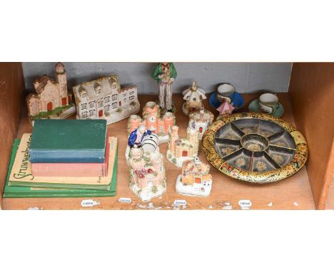 Victorian Papier Mache Pope Joan Games Board, Staffordshire figures, two Sèvres style coffee cans and saucers, books etc (one