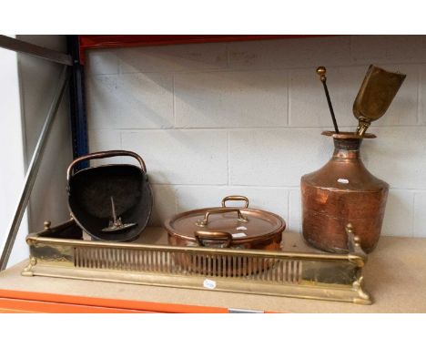 A Collection of Mainly 19th Century Brass and Copper Items, including a large twin handled covered pan, pierced fender, coal 