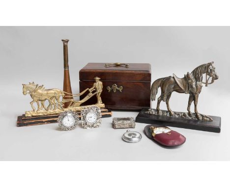 George III Mahogany Tea Caddy, oak lined and on bracket feet, 23cm, chimney ornaments, hunting horn, maker GEO. Parker &amp; 