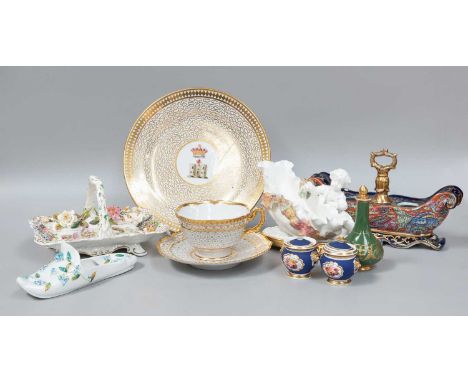 A Collection of Mainly Regency Porcelain, including a Chamberlain's Worcester basket, a pair of inkwells with lion mask handl