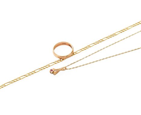 A 9 Carat Gold Band Ring, finger size R; and A 9 Carat Gold Pendant on Chain, pendant length 1.7cm, chain length 46cm; and A 