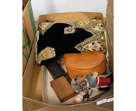 Assorted Textiles and Collectable Items, comprising a Steiff Mecki hedgehog (a.f), celluloid costume doll, cased razor sets, 