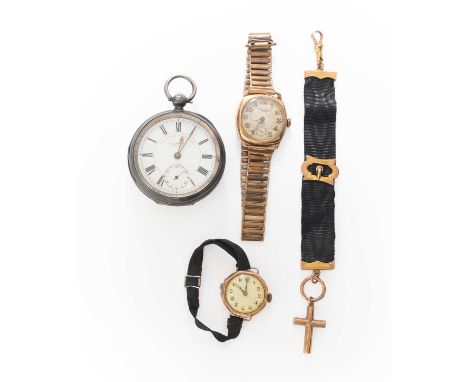 A 9 Carat Gold Wristwatch, a Lady's 9 Carat Gold Wristwatch, a 9 Carat Gold Cross Pendant with attached ribbon and a Silver P