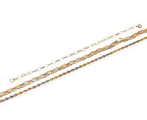 A 9 Carat Tri-Colour Gold Rope Twist Chain, length 45.5cm; A 9 Carat Tri-Colour Gold Flat Herringbone Link Chain (a.f.); and 