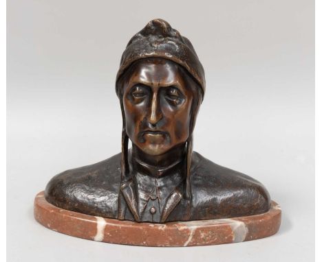 A Patinated Bronze Portrait Bust, Dante Alighieri, after the death mask at the Museo di Palazzo Vecchio, on variegated marble