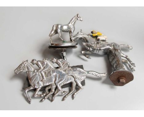 Car Mascots: A Racehorse and Jockey Car Mascot, and a Horse Mascot, and a Horse Racing Grill ornament, (3)