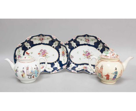 A Worcester Porcelain Teapot and Cover, Circa 1770, painted with Chinese figures, another, together with a pair of heart shap