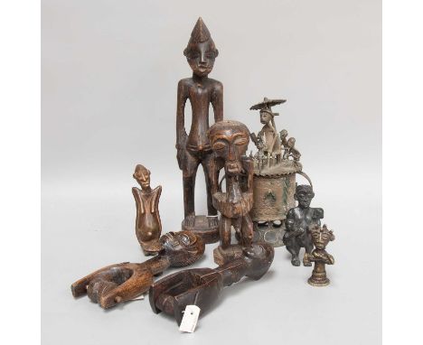 An Asante Bronze "Gold" Box and Cover, cylindrical, the cover with a chief seated under a parasol, with attendants; an Asante