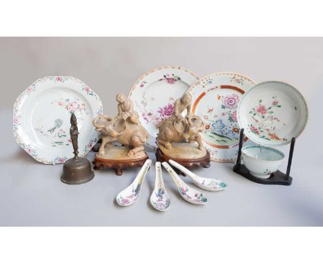 A Collection of Asian Art, mainly Chinese, including: three Qianlong Porcelain Famille Rose plates, similar tea bowl and sauc