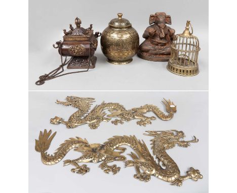 Two Brass Dragon Form Appliques, 20th century, modern model of Ganesh, a censer, reproduction brass bird cage, Bidriware vase