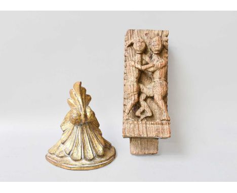 An Early Wood Carving and Giltwood Bracket