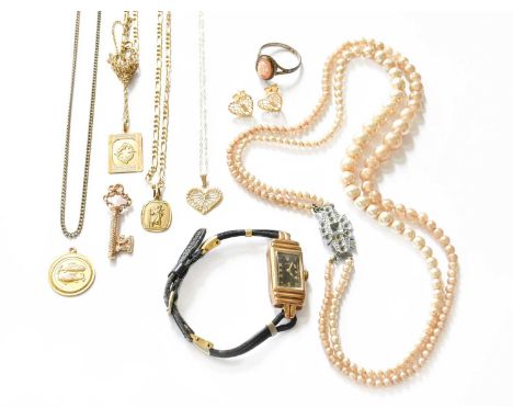 A Small Quantity of Jewellery, comprising of two 9 carat gold pendants on chains; two 9 carat gold pendants/charms; a heart m