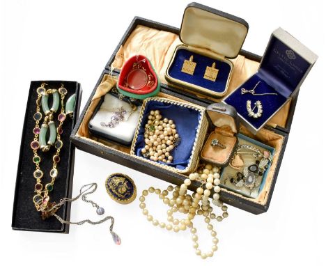 A Pair of 9 Carat Gold Cultured Pearl Earrings, with post fittings; A Pair of Sapphire and Diamond Earrings, unmarked, with p