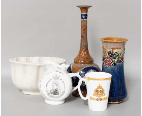Two Royal Doulton Stoneware Vases, a small quantity of commemorative ceramics and glass, including William III 'No Surrender'