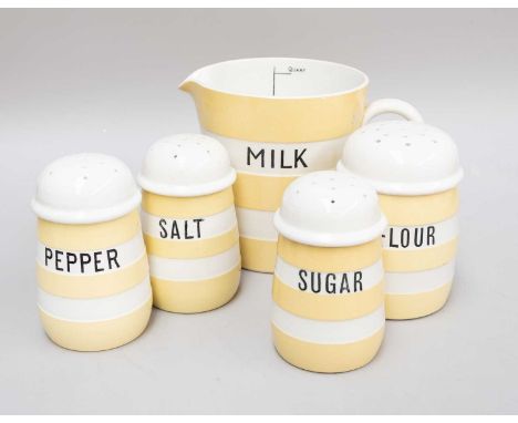 T G Green Cornish Ware, yellow banded shakers "Salt", "Pepper", "Flour" and "Sugar, together with a "Milk" measuring jug (5)P