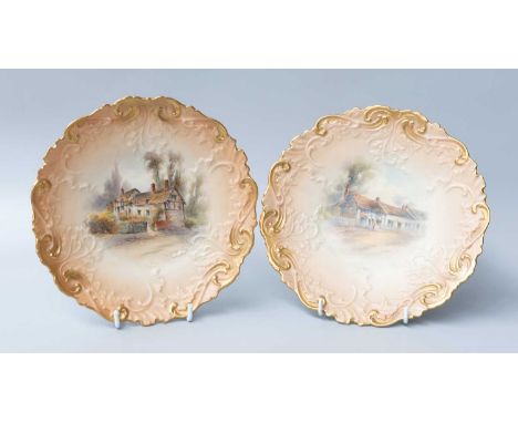 Two Royal Worcester Cabinet Plates, with blush ivory grounds "Anne Hathaway's Cottage" and "Birthplace of Shakespeare" (2)