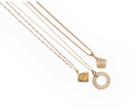Two 9 Carat Gold Pendants on Chains, of differing designs; and A Zodiac Pendant on A 9 Carat Gold Chain, pendant length 2.9cm