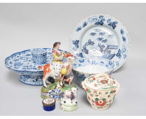 A Collection of 18th Century and Later English Ceramics, including a Delft plate painted with a Chinese landscape, Staffordsh