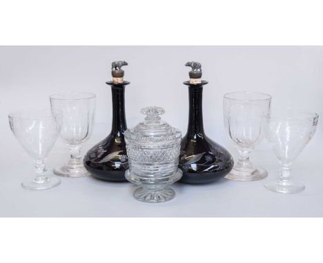 Pair of Amethyst Glass Decanters, early Victorian, engraved with roses, with modern metal stoppers, together with two pairs o