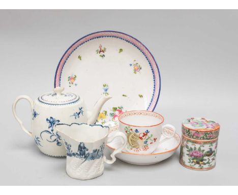 A Collection of 18th Century English Porcelain, including a Worcester teabowl "Walk in the Garden" pattern, similar barrel sh