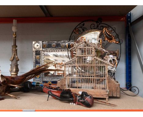 A Painted and Mirrored Wrought Metal Fire Screen, a full mount pheasant, a modern columnar table lamp, a North African touris