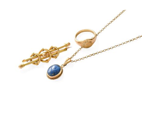 A 9 Carat Gold Signet Ring, finger size I1/2; A 9 Carat Gold Lapis Lazuli Pendant on Chain, pendant length 2.3cm, chain lengt