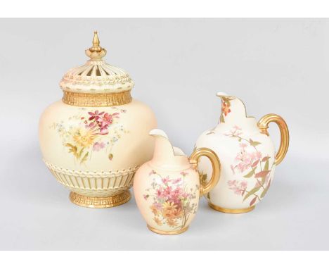 A Royal Worcester Porcelain Potpourri Jar, blush ground ozier moulded decorated with wild flowers, printed puce mark, model n