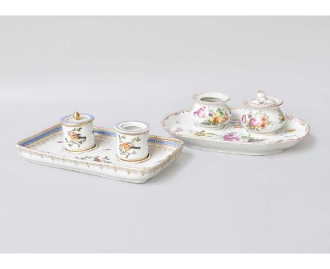 A 19th Century Meissen Porcelain Desk Stand, with inkwell and pounce pot, painted with birds and insects, underglaze blue cro