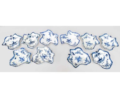 Eight Worcester Porcelain Leaf Moulded Pickle Dishes, circa 1770, painted in underglaze blue with the "Pickle Leaf Vine" patt