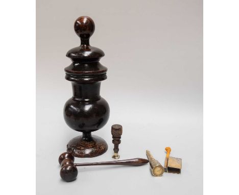 An 18th Century Treen Snuff Mill, together with a similar gavel, desk seal, brass travelling inkwell, match box holder and sl