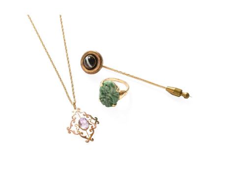 An Amethyst Pendant on Chain, pendant length 3.1cm, chain length 42cm; A Banded Agate Stick Pin; and A Pierced Plaque Ring, s