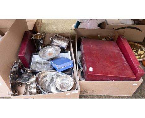 A Quantity of various Silver Plated Wares, to include - cutlery, salver, trophy cups, baskets, tea pots, entree dish, a pair 