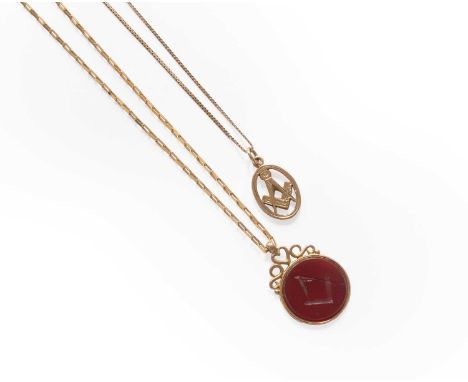 A Masonic Hardstone Pendant on A 9 Carat Gold Chain, pendant length 3.0cm, chain length 50cm; and A 9 Carat Gold Masonic Pend