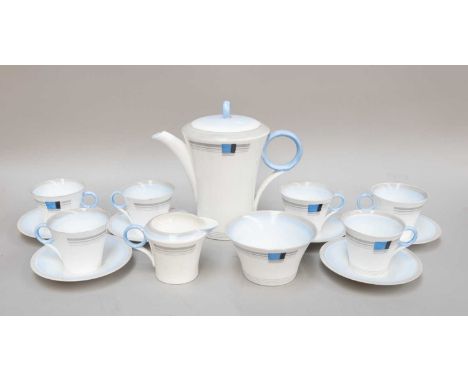 A Shelley Porcelain Coffee Service, comprising one coffee pot and lid, one sugar bowl, one milk jug, six cups and six saucers
