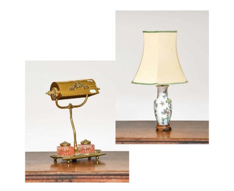 A Brass Adjustable Desk Lamp, incorporating a pair of peach glass inkwells and a pen tray, together with a modern Chinese por