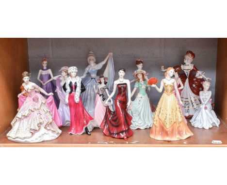 Two Royal Doulton Porcelain Figures of Ladies, together with two Royal Worcester examples and ten Coalport examples (14)All f