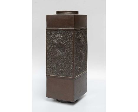 A Japanese Mixed Metals Page Turner, Meiji period, decorated with cranes, together with a similar square section bronze vase 