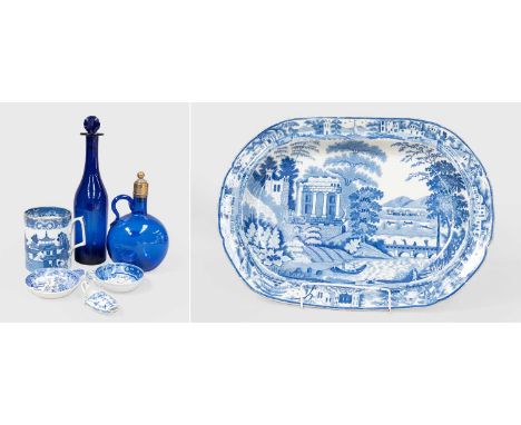 Leeds Pottery Pearlware Platter, circa 1820, printed in underglaze blue, with a scene after Claude Lorrain, impressed mark, 4