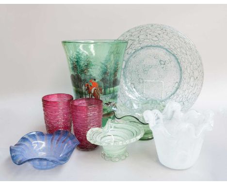 A Quantity of Art Glass, to include - a shallow bubble glass fruit bowl (diameter 32cm), a pair of ruby spun glass beakers, e