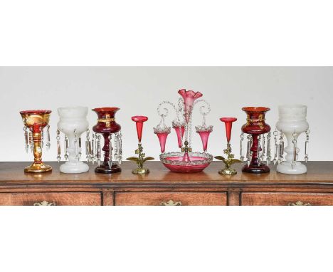 A Pair of Victorian Opaque Glass Table Lustres, 32cm high, a pair of gilt and ruby table lustres, 35cm high, a cranberry glas