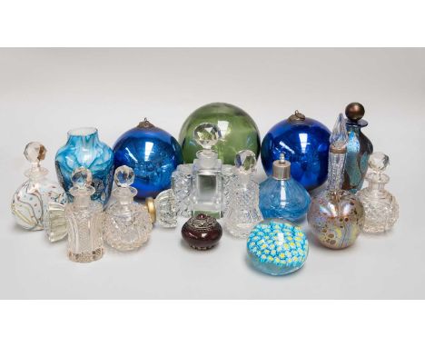 Three Coloured Glass Witches Balls, other glass including, Isle of White scent bottles and a paperweight, cut glass scent bot