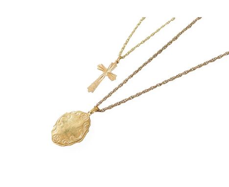 A 9 Carat Gold Locket on A 9 Carat Gold Chain, locket measures 3.3cm by 2.1cm, chain length 63cm; and A 9 Carat Gold Cross Pe