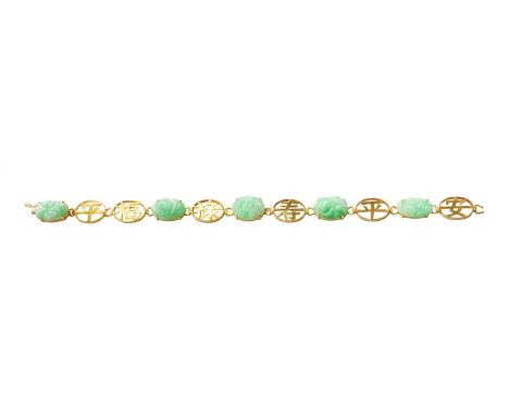 A Jade Bracelet, comprising of five carved plaques in yellow claw settings, spaced by fancy chain links, length 17cm (a.f.)Th