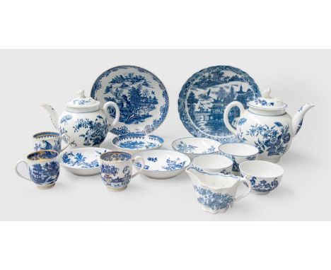 A Collection of Worcester Porcelain, circa 1770s/80s, mainly teawares, printed in underglaze blue, including "Bat", "Cormoran