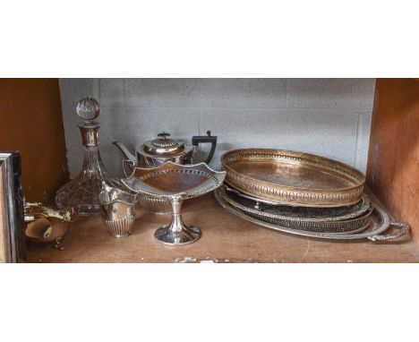 Silver Sauceboat, decanter with silver collar, plated teaset, plated trays
